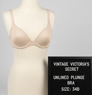 Vintage Victoria's Secret Unlined Plunge Bra 34B U/W Beige Sexy Lightweight VS